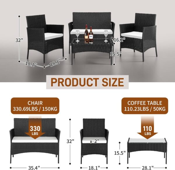 Outvita 4 Pieces Patio Furniture Set, Rattan Conversation Sets with Loveseat Soft Cushion and Glass Table for Garden Backyard Balcony Porch Poolside(Black) - Image 6