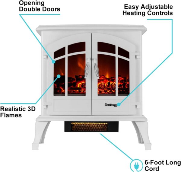 Jasper Freestanding Electric Fireplace Stove Heater - Realistic 3-D Log and Fire Effect (White) - Image 3