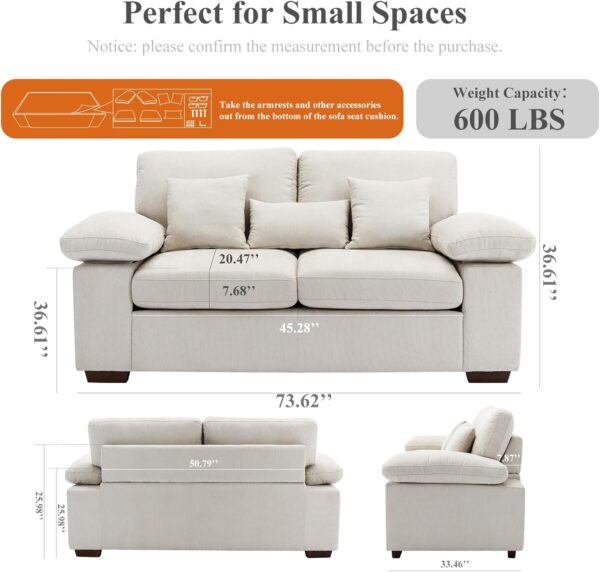Loveseat Sofa Couch 73", Chenille Love Seat Couch Sofa with Removable Back Seat Cushions, Upholstered Living Room Sofa with 2 Throw Pillows 1 Lumbar Pillow, Sofa for Small Space Apartment Lounge-Beige - Image 2