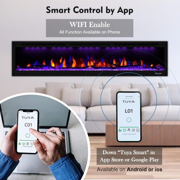 Luxurious 60" WiFi Smart Electric Fireplace, Recessed &Wall Mounted Fireplace Heater, Adjustable Flame Color, Remote &Touch Control with Timer &Thermostat, Log &Crystal Set, Work with Alex - Image 2