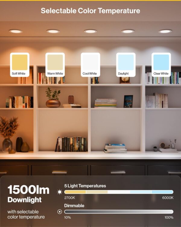 Sunco 4 Pack 6 Inch Ultra Thin LED Recessed Ceiling Lights with Night Light, 1500 LM, Selectable CCT 2700K/3000K/4000K/5000K/6000K, Dimmable, 15W, Canless with Junction Box - Image 3