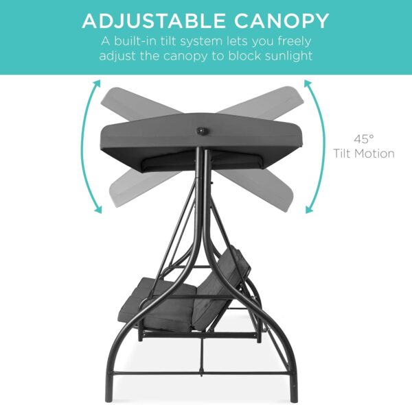 Best Choice Products 3-Seat Outdoor Large Converting Canopy Swing Glider, Patio Hammock Lounge Chair for Porch, Backyard w/Flatbed, Adjustable Shade, Removable Cushions - Gray - Image 5