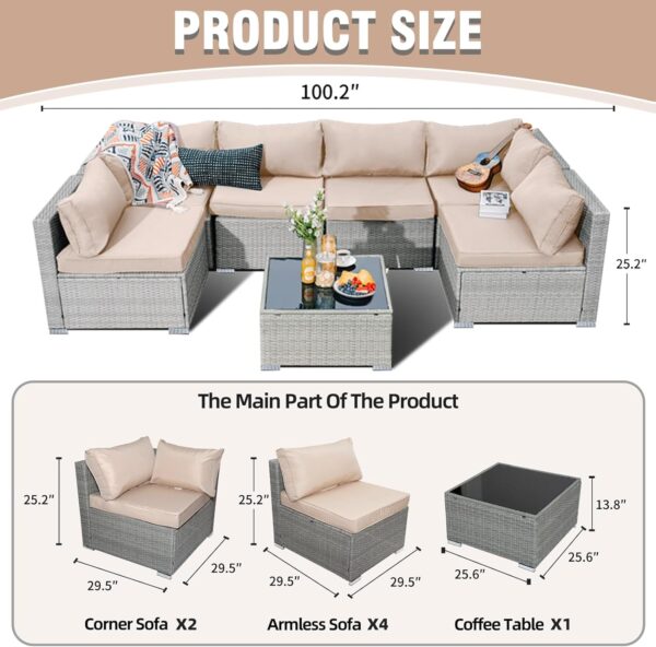 Skyfish 7 Pieces Patio Furniture Set - Outdoor Sectional Wicker Rattan Furniture with Cushion and Glass Table Patio Conversation Sets for Porch Poolside Backyard Outdoor Sofa Set Modular Sofa - Image 3