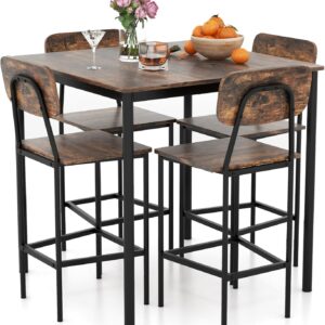 Giantex 5-Piece Dining Table Set W/Counter Height Table & 4 Bar Stools, Industrial Kitchen Dining Set W/Footrest & Backrest, Space-Saving Dinette Set for Pub, Dining Room, Restaurant (Mix Brown)
