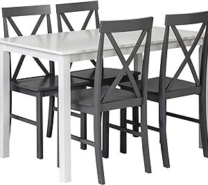 Walker Edison 4 Person Modern Farmhouse Wood Small Dining Table Dining Room Kitchen Table Set Dining 4 X Chairs Set, 48 Inch, White and Grey