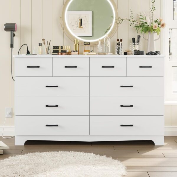 DICTAC White Bedroom Dresser with 10 Drawers, Large Chest of Drawers Storage Organizer, Long Dresser TV Stand with Power Outlets, Wide Dresser for Bedroom, Living Room (55.1" W x 32.3" H x 15.8" D) - Image 7