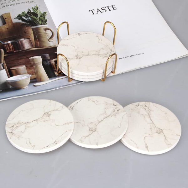 6 Pcs White Marble Coaster Set with Holder Absorbent Coasters Drink Coasters Ceramic Bar Coasters Cute Dining Coffee Table Coasters Decor Gift Cup Stone Modern Coasters for Beverage Beer Coasters - Image 6