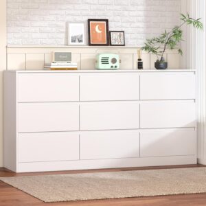 Greenvelly White Dresser for Bedroom,Modern 9 Drawer Dresser for Bedroom,Wooden Dresser with Deep Drawers for Bedroom,Long Drawer Chest for Bedroom, Living Room,Hallway,Closet