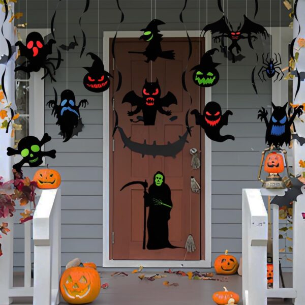 Halloween Glow Party Hanging Swirls Decorations, 12 PCS Glow in Dark Waterproof Wall Ornament, 3D Ceiling Streamer Large Ghost Bats Witch for Outdoor Yard Decor - Image 5