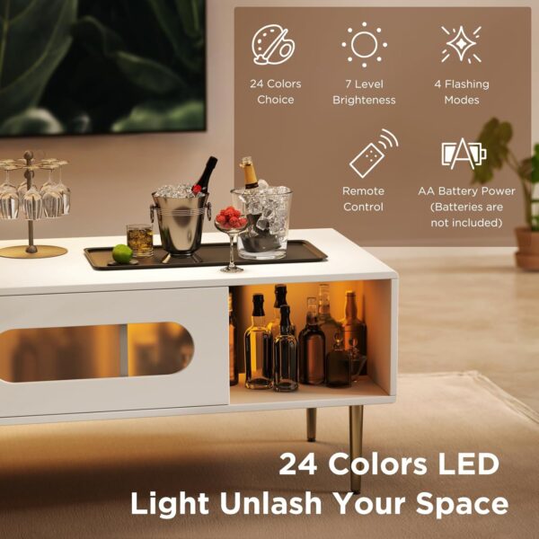 Coffee Table for Living Room 40.6inch LED Coffee Table Small White Coffee Table with Hidden Storage, High Glossy Modern Coffee Tables with Gold Metal Legs, Rounded Edges Home Accent Furniture - Image 3