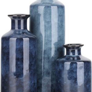 Blue Ceramic Vases Set - 3 Blue Small Vase, Farmhouse Country Blue Vases Home Decor, Living Room Decoration, Table Decoration, Fireplace Decor, and Entrance Decoration Centerpieces