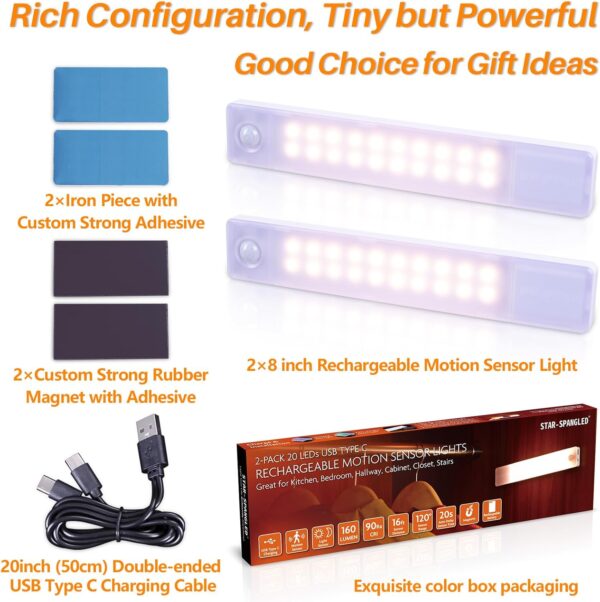 STAR-SPANGLED 8” Under Cabinet Lighting Rechargeable, Motion Sensor Lights Indoor Battery Operated, USB Stick on LED Magnetic Closet Light Wireless for Counter, Stairs, Kitchen (Warm White, 2 Pack) - Image 6
