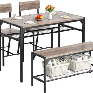Shintenchi Kitchen Table Chairs Set of 4, Dining Table Set for 4 with Bench and Chairs, 4 Pieces Kitchen Table Set with Storage Rack & Metal Frame for Small Space, Gray