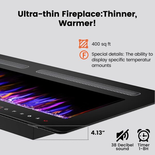 BOSSIN 40" Electric Fireplace Wall Mounted and Recessed, Ultra-Thin Wall Fireplace Heater and Timer Adjustable Flame Color and Brightness, Low Noise, 750/1500W Control by Touch Panel & Remote - Image 4
