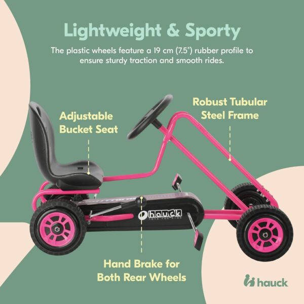 hauck Lightning Ride On Pedal Portable Go Kart Toy with Ergonomic Adjustable Bucket Seat, Handbrake, and Sharp Handling for Boys and Girls, Pink - Image 5
