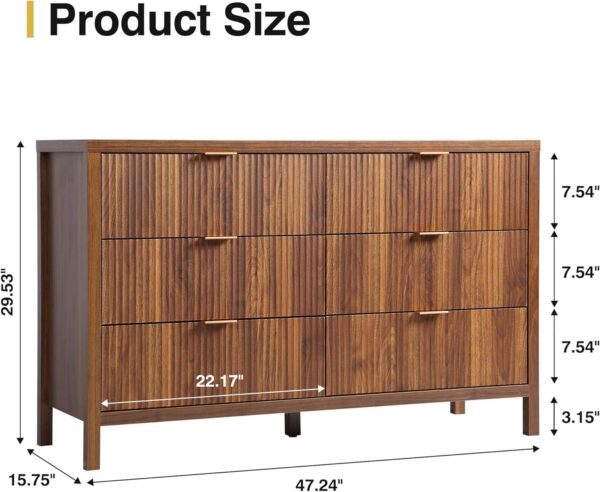 Fluted 6 Drawer Double Dresser for Bedroom, 47" Wide Modern Closet Dressers Chest of Drawers, Wood Storage Dresser Organizer for Nursery Bedroom Living Room Hallway Closet, Walnut - Image 2