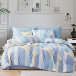 SAPHREAS Blue Geometric Pattern Duvet Cover Set 3pcs Queen Size 100% Cotton Colorful Blocks Bedding Comforter Cover Set 1 Quilt Cover 2 Pillow Cases