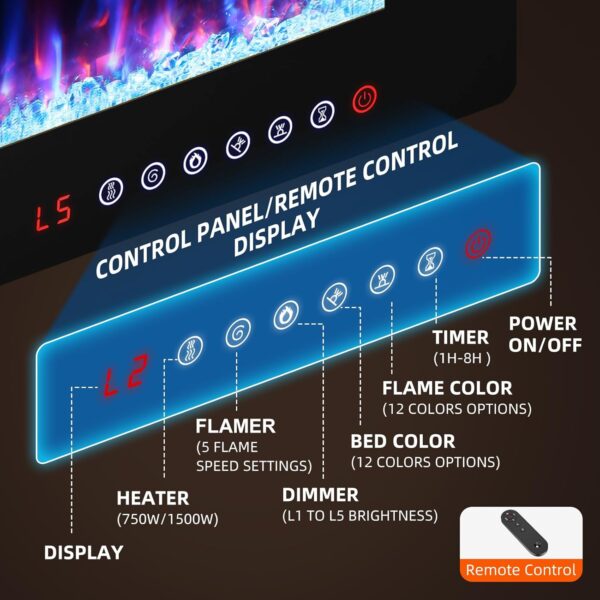BREEZEHEAT 50 inch Electric Fireplace Wall Mounted/Freestanding-Ultra Thin Fireplace Inserts for Living Room with Heater, Remote Control, Touch Screen, Led Flame, 8H Timer, 750w/1500w - Image 4