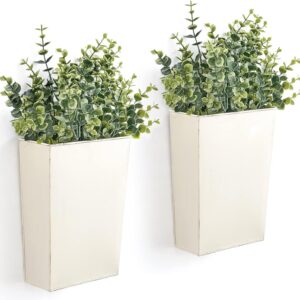 Dahey 2 Packs Metal Wall Planter with Artificial Plants, Farmhouse Wall Decor Hanging Wall Vase Boxs Galvanized Flowers Holder for Country Rustic Home Wall Decor, White