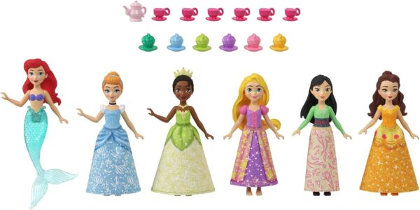 Mattel Disney Princess Toys, Small Doll Party Set with 6 Posable Princess Dolls in Sparkling Clothing & 13 Tea Time Accessories - Image 4