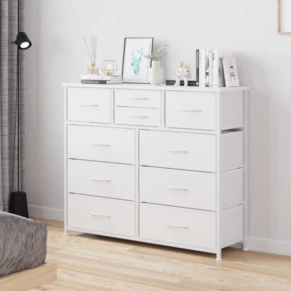 LUMTOK 10-Drawer Dresser, Fabric Storage Dressers Drawers for Bedroom, Hallway, Nursery, Closets, Steel Frame, Wood Top, Easy Pull Handle (White) - Image 2