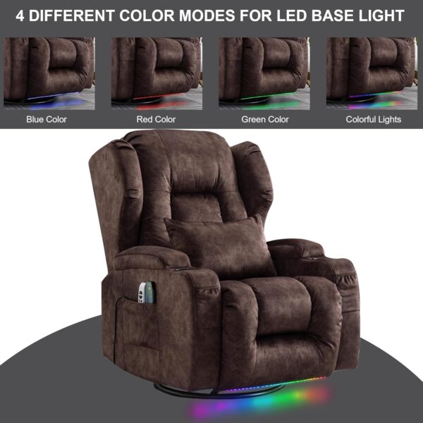 Power Recliner Chair, Velvet Fabric Swivel Rocking Chair with Vibrating Massage and Heating Nursery Glider Chair for Living Room, Home Theater Seating with Ambient Lighting(Single, Brown) - Image 6