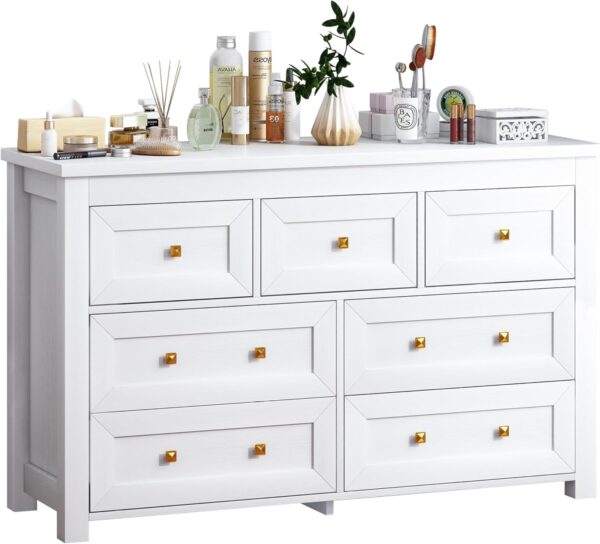 White 7 Drawers Dresser for Bedroom,Wood Farmhouse Storage Chest of Drawers, Dresser with Metal Handles,Dressers Organizer for Bedroom, Living Room,Hallway,Nursery,White