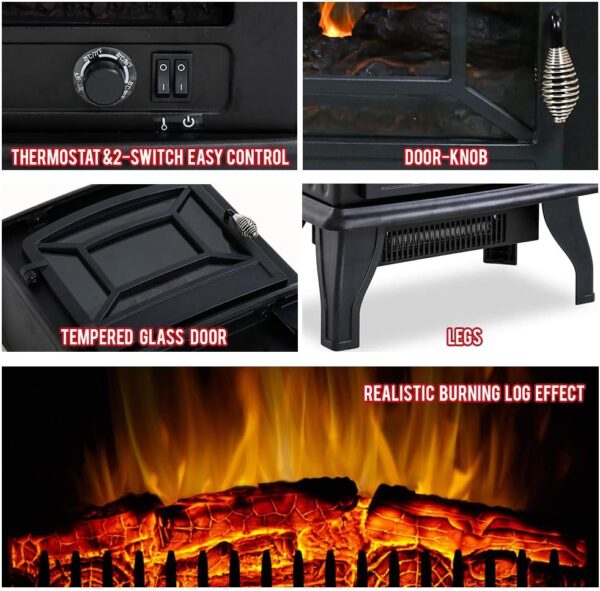 FDW Electric Fireplace Heater 20" Freestanding Fireplace Stove Portable Space Heater with Thermostat for Home Office Realistic Log Flame Effect 1500W CSA Approved Safety 20"Wx17"Hx10"D,Black - Image 5
