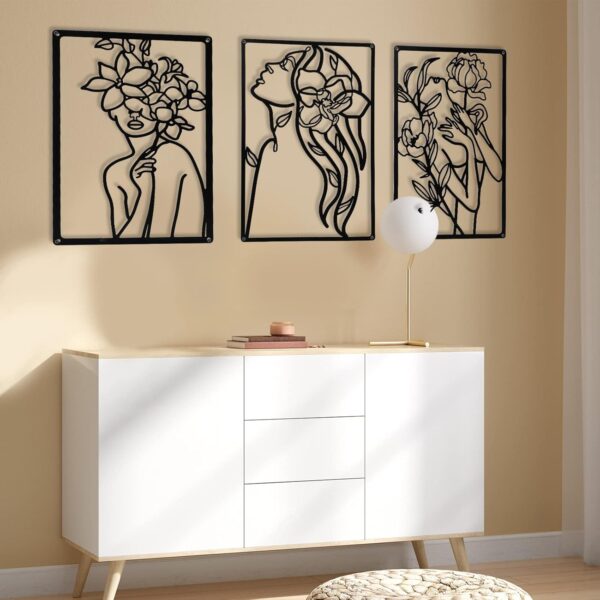 CHENGU 3 Pieces Metal Minimalist Abstract Woman Wall Art Line Drawing Wall Art Decor Single Line Female Home Hanging Wall Art Decor for Kitchen Bathroom Living Room (Floral Style) - Image 5