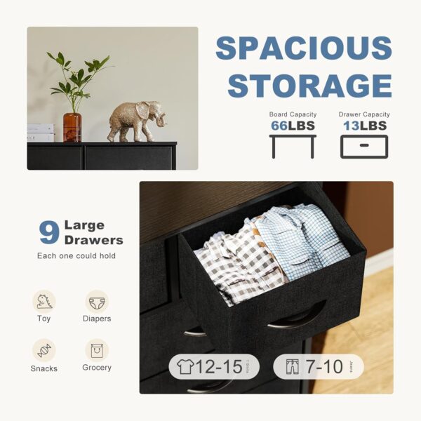 DUMOS Dresser for Bedroom, Storage Tower with 9, Chest of Drawers with Fabric Bins, Black - Image 4