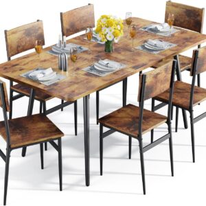 63” Extendable Dining Table Set for 4-6 People, 7-Piece Dining Table Set for 6 People with 6 Chairs, MDF Wood Board Kitchen Table Set for Small Space and Apartment, Rustic Brown