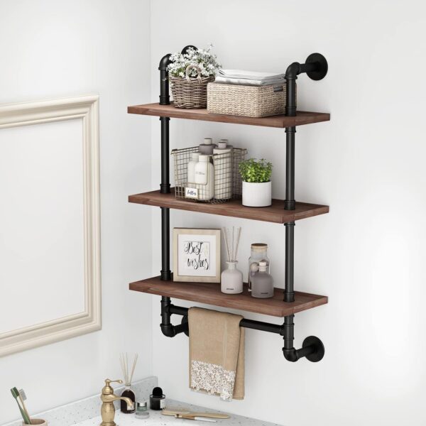 BOSURU Industrial Pipe Bathroom Shelves Rustic Wood Shelves with Towel Bar 24" Farmhouse Wall Shelf for Wall Pipe Shelving - Image 3