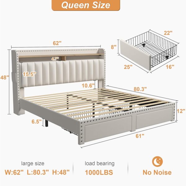 EnHomee Queen Bed Frame with Headboard and Storage, Upholstered Queen Bed Frame with Storage, Queen Size Bed Frame with 2 Drawers, Queen Size Bed Frame with Storage, NO Noise,No Box Spring Needed - Image 2
