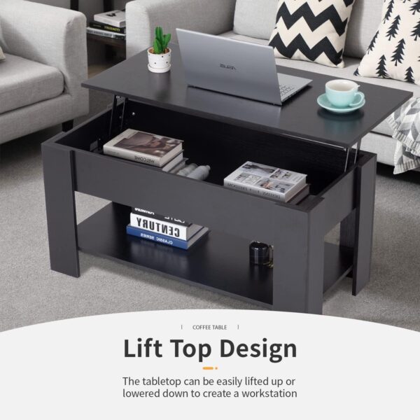 FDW Lift Top Coffee Table with Hidden Compartment and Storage Shelf Wooden Lift Tabletop for Home Living Room Reception Room Office (Black) - Image 4