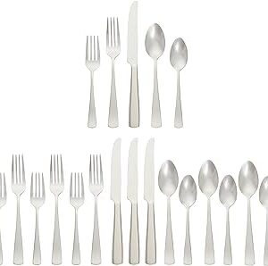 Amazon Basics 20-Piece Stainless Steel Flatware Set with Square Edge, Service for 4, Silver
