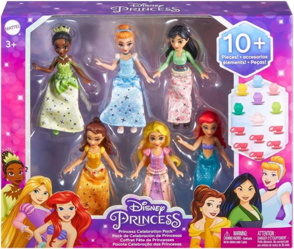 Mattel Disney Princess Toys, Small Doll Party Set with 6 Posable Princess Dolls in Sparkling Clothing & 13 Tea Time Accessories - Image 6