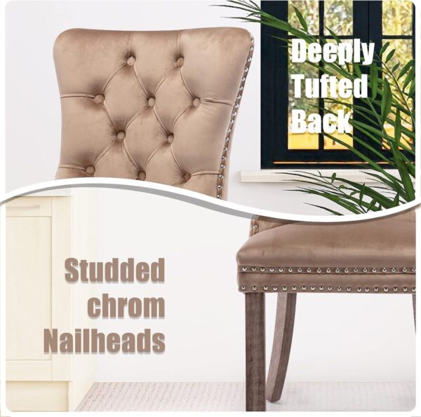 SoarFlash Velvet Dining Chairs Set of 6, Tall Back Side Chair, Modern Upholstered High-end Tufted Side Chair with Button Back Ring, Solid Wood Legs (Khaki) - Image 4