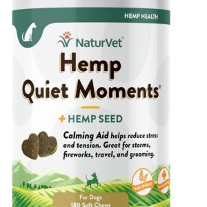NaturVet Quiet Moments Calming Aid Dog Supplement, Helps Promote Relaxation, Reduce Stress, Storm Anxiety, Motion Sickness for Dogs (Quiet Moments Plus Hemp, 180 Soft Chews)