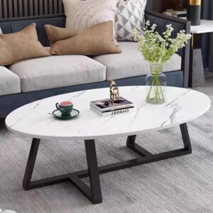 Coffee Table White Faux Marble Coffee Table for Living Room,Oval Modern Center Table Tea Table for Small Space,Wooden Living Room Tables End Table with Sturdy Black Metal Leg