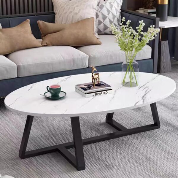 Coffee Table White Faux Marble Coffee Table for Living Room,Oval Modern Center Table Tea Table for Small Space,Wooden Living Room Tables End Table with Sturdy Black Metal Leg