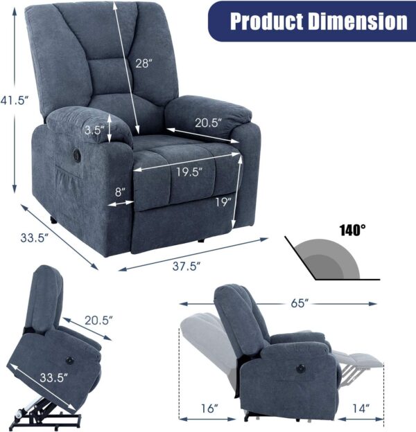 Power Lift Recliner Chair with Massage and Heat for Elderly, Microfiber Fabric Electric Lift Recliner Chairs for Seniors Home Living Room, Side Pockets,USB Port,Remote Control, Midnight Blue - Image 2