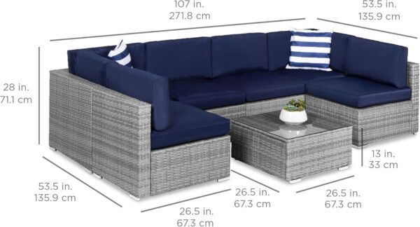 Best Choice Products 7-Piece Modular Outdoor Sectional Wicker Patio Conversation Set w/ 2 Pillows, Coffee Table, Cover Included - Gray/Navy - Image 7