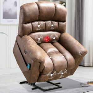 CANMOV Large Power Lift Recliner Chairs with Massage and Heat for Elderly Big People, Heavy Duty Electric Faux Leather Reclining Chairs with USB Port and 2 Side Pockets, Grey