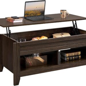 Yaheetech Lift Top Coffee Table with Hidden Storage Compartment & 2 Open Shelves, Rising Tabletop Pop Up Center Table for Living Room Reception Room, 47.5'' L, Espresso