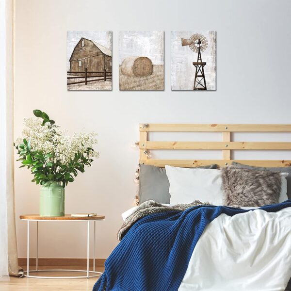 HOMEOART Farmhouse Wall Art Rustic Barn Windmill Cornfield Pictures Countryside Rural Landscape Painting Canvas Artwork Stretched and Framed Ready to Hang Home Decor 12"x16"x3 Pieces - Image 4