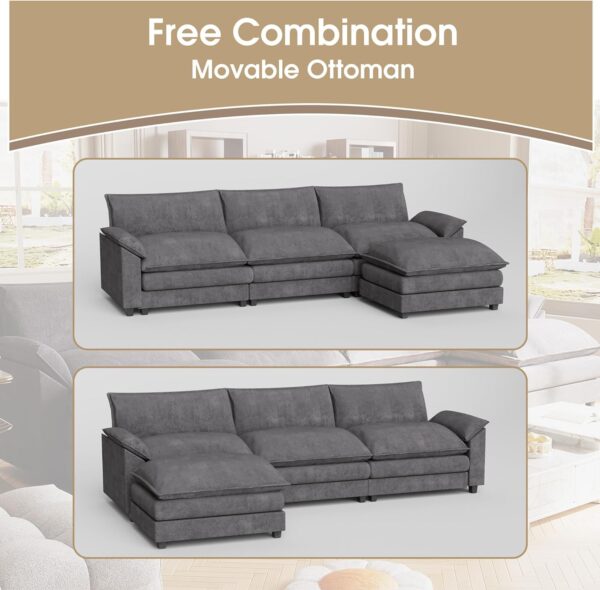 JUMMICO 119” Modular Sectional Sofa Couch, Modern Wide Arm L Shaped Couch with Deep Seat and Reversible Ottoman, Chenille Fabric Sleeper Sofa Couches for Living Room, Apartment (Gray, 4-Seat) - Image 4