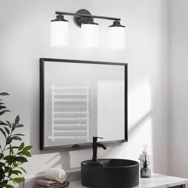 Matte Black Bathroom Light Fixtures,3-Light Black Vanity Lights,Black Bathroom Lights Over Mirror,Modern Wall Sconces with Frosted Glass Shades for Bathroom,Living Room - Image 7