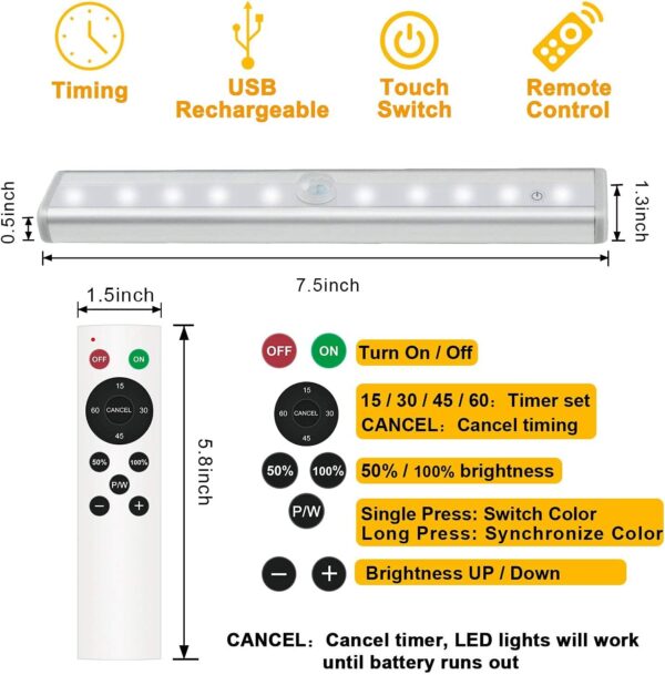 Remote Control Under Cabinet Lighting Wireless 6 Pack, 20-LED Dimmable Closet Lights Rechargeable Under Counter Light, Stick on Touch Night Light Strip Bar for Kitchen Stairway Bedroom, 3 Colors - Image 4