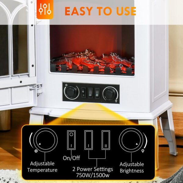 HOMCOM 22" Electric Fireplace Stove, Freestanding Fire Place Heater with Realistic Logs and LED Flame, Adjustable Temperature, Overheat Protection, 750W/1500W, White - Image 4