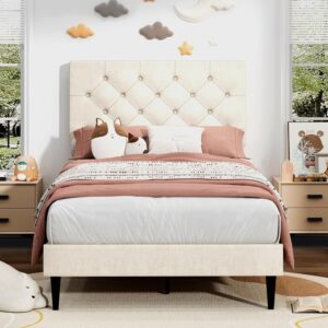 Twin Bed Frame with Button Tufted Headboard, Linen Upholstered Platform Bed with Wooden Slats Support, No Box Spring Required, Easy Assembly, White